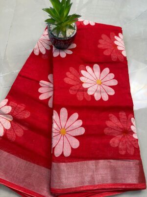 Linen Cotton Saree SB55 - Red